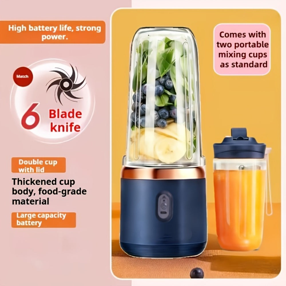 Portable Wireless Juicer Blender Double Cup - USB Rechargeable 6-Blade Mini Blender with 1500mAh Battery, Multifunctional Smoothie Maker for Home, Travel, Gym & Outdoor, Blue & Pink