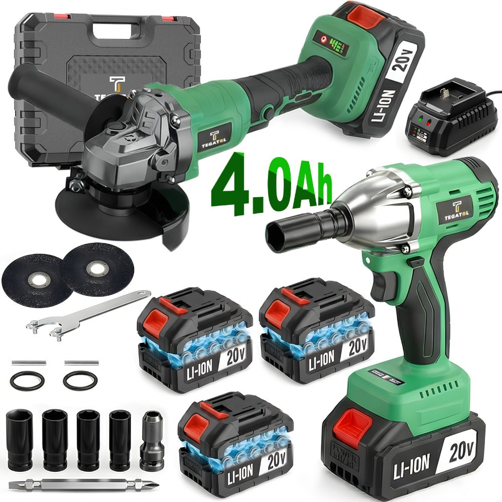 20V Brushless Power Tool Combo Kit | 4-Tool Cordless Set with Impact Wrench, Hammer Drill, Angle Grinder & Electric Drill ¨C 3 Batteries Included for Home Renovation & Construction
