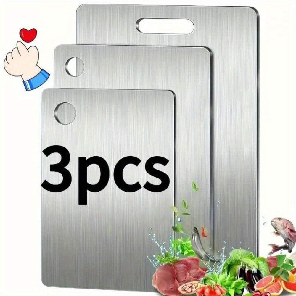 Stainless Steel Cutting Board Set 3 Pack - Non-Stick Dual-Sided Metal Chopping Boards for Kitchen, BPA-Free, Rust-Resistant, Easy Clean, Portable for Meat Vegetables Fruit