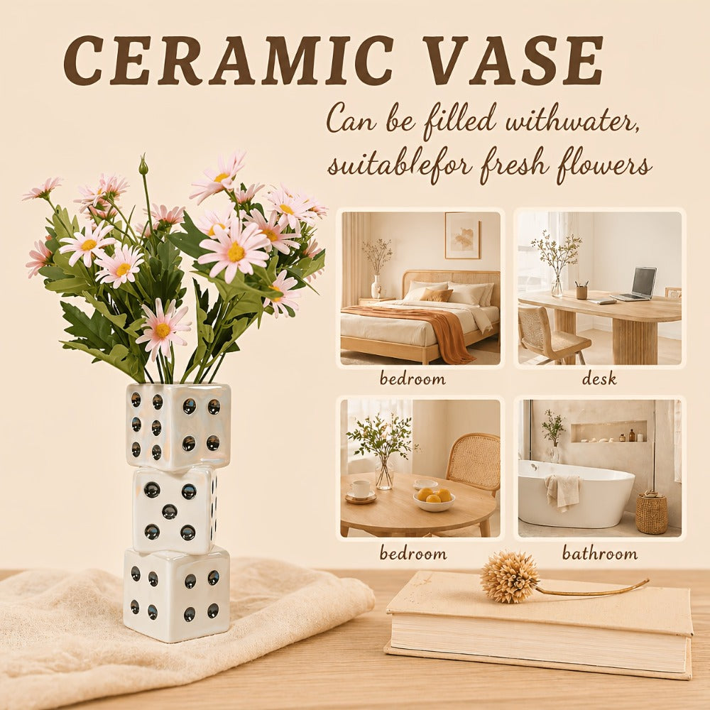 Ceramic Dice Vase for Dried Flowers Pampas Grass Rose Modern Square Flower Vase Unique Home Decor Gift Handmade Decorative Vase for Living Room Shelf Table