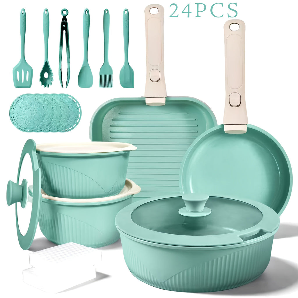 Nonstick Cookware Set 5/7/24 Piece Induction Ready with Detachable Handles ¨C Stackable Pots & Pans Set Includes Skillet Frying Pan Soup Pot Steak Pan for Home RV Kitchen, Multiple Colors
