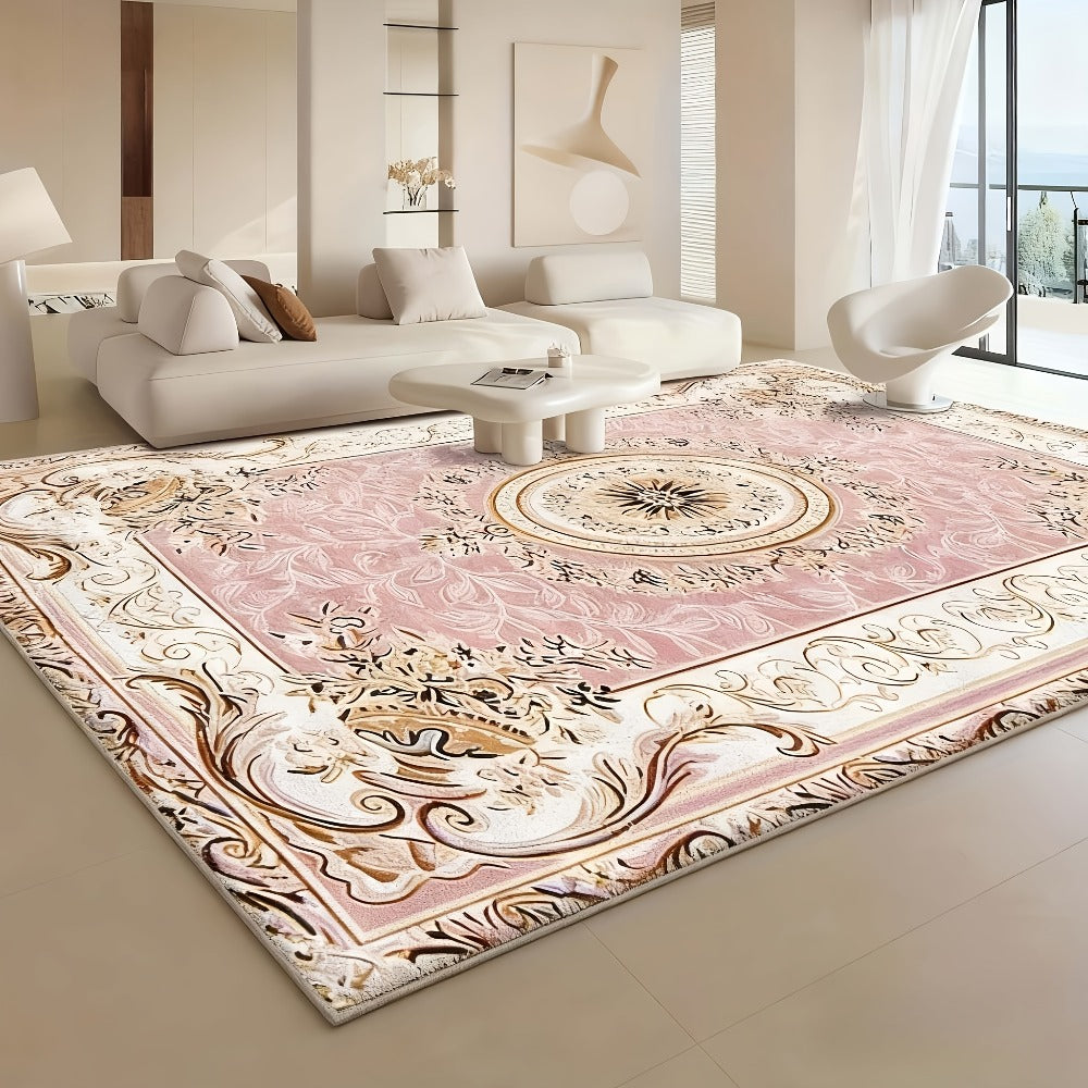Luxury Velvet Area Rug 852 GSM Machine Washable Low-Pile Floral Checkered Non-Slip Polyester Carpet for Bedroom Living Room Dining Room Office Vintage Elegant Home Decor