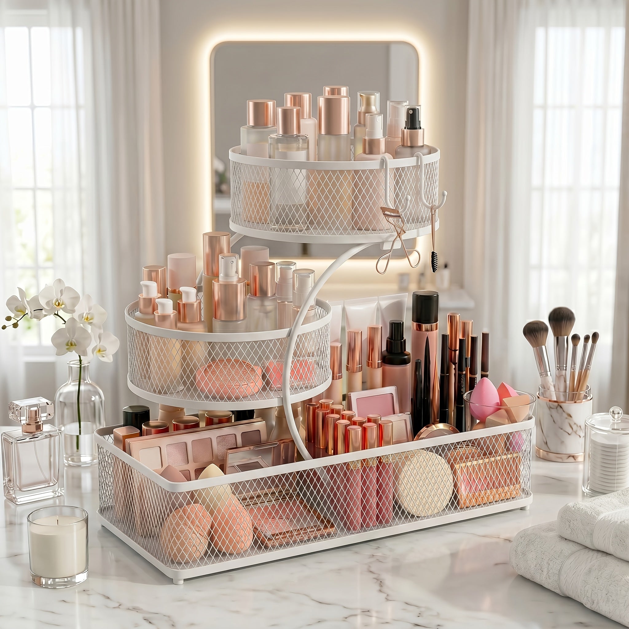 Bathroom Storage Rack 3-Tier Metal Countertop Organizer with Spray Bottle & Hooks ¨C Rust-Resistant Diamond Mesh Shelf for Vanity, Skincare, Cosmetics & Toiletries