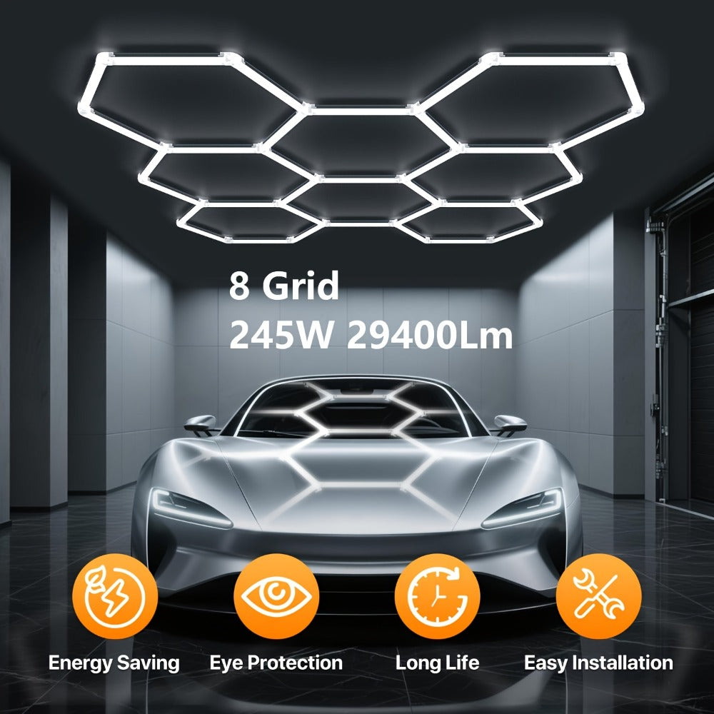 LED Hexagonal Garage Light 6500K ¨C Super Bright Daylight White Shop Light 42W¨C620W for Auto Detailing, Warehouse, Workshop, Basement & Gym (1 to 32 Grids, Hex Frame Available)