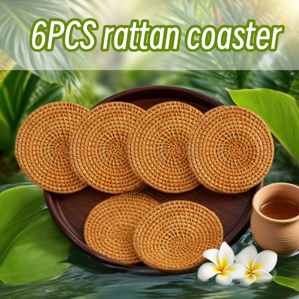 Rattan Woven Coasters Set of 6 Handcrafted Heat-Resistant Non-Slip Drink Mats Boho Table Decor for Kitchen Dining Room Coffee Table Tabletop Protection Holiday Gift