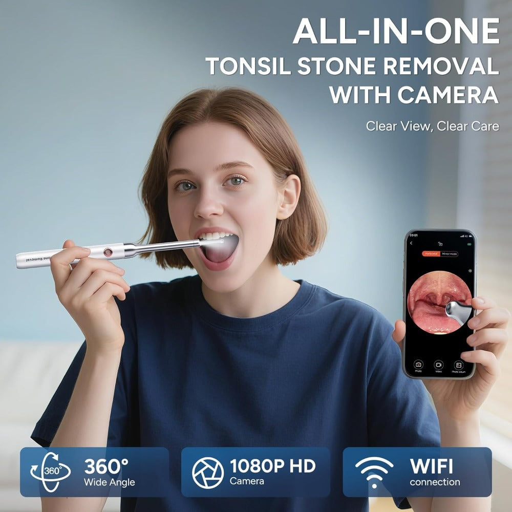 Visual Tonsil Stone Remover with 1080P HD Camera ¨C 6 LED Lights, 5 Stainless Steel Heads, Bad Breath Prevention, iOS & Android Compatible, At-Home Tonsil Care Kit