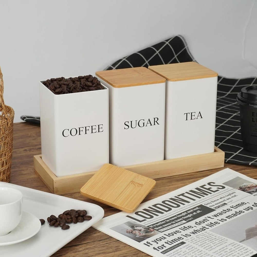3-Piece Metal Kitchen Canister Set with Wooden Lids ¨C Coffee Tea Sugar Storage Jars, Airtight Kitchen Organizer Tins, Black or White Home Decor Gift Set