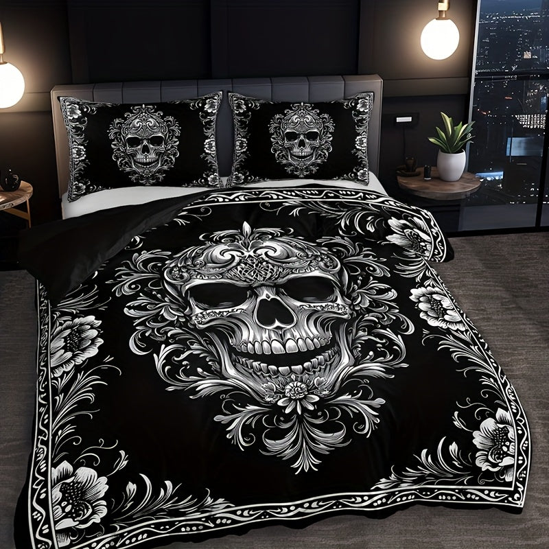 Skull Duvet Cover Set 3pcs ¨C Gothic Victorian Baroque Black & White Skull Bedding with 2 Pillowcases, Digital Print Halloween Bedroom Decor (Twin, Full, Queen, King ¨C No Insert)