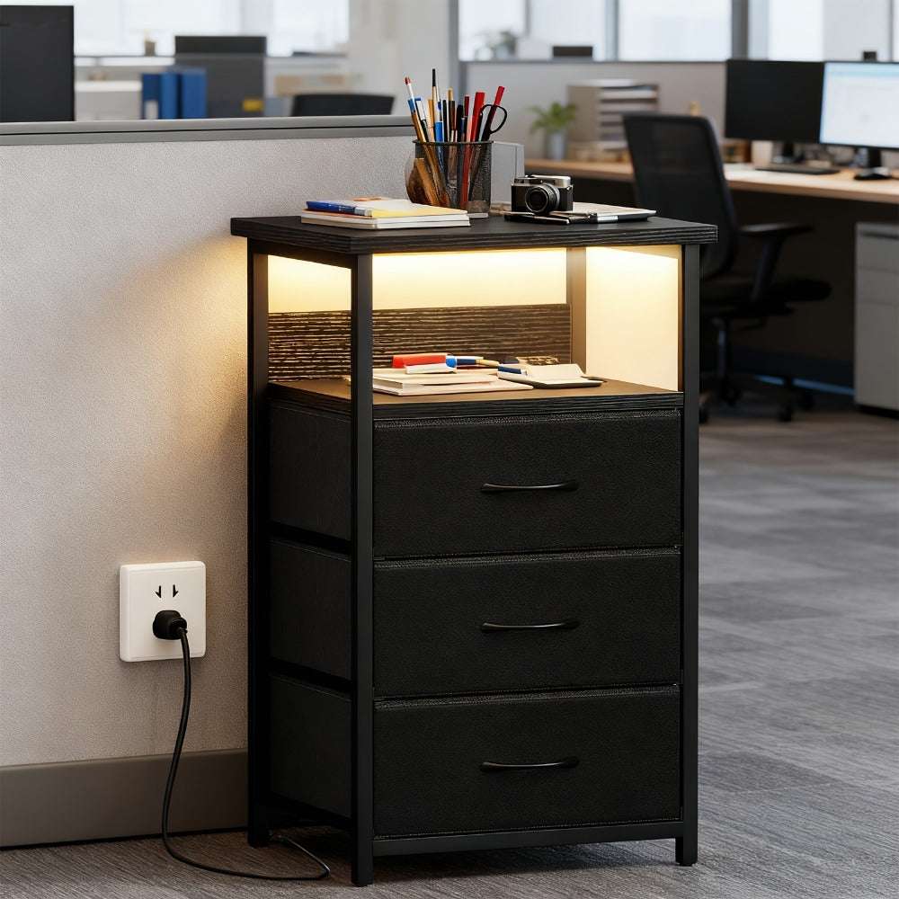 Nightstand with Charging Station & USB Port | 3-Drawer Bedside Table with LED Light, Heavy Duty End Table for Bedroom, Dorm & Small Spaces