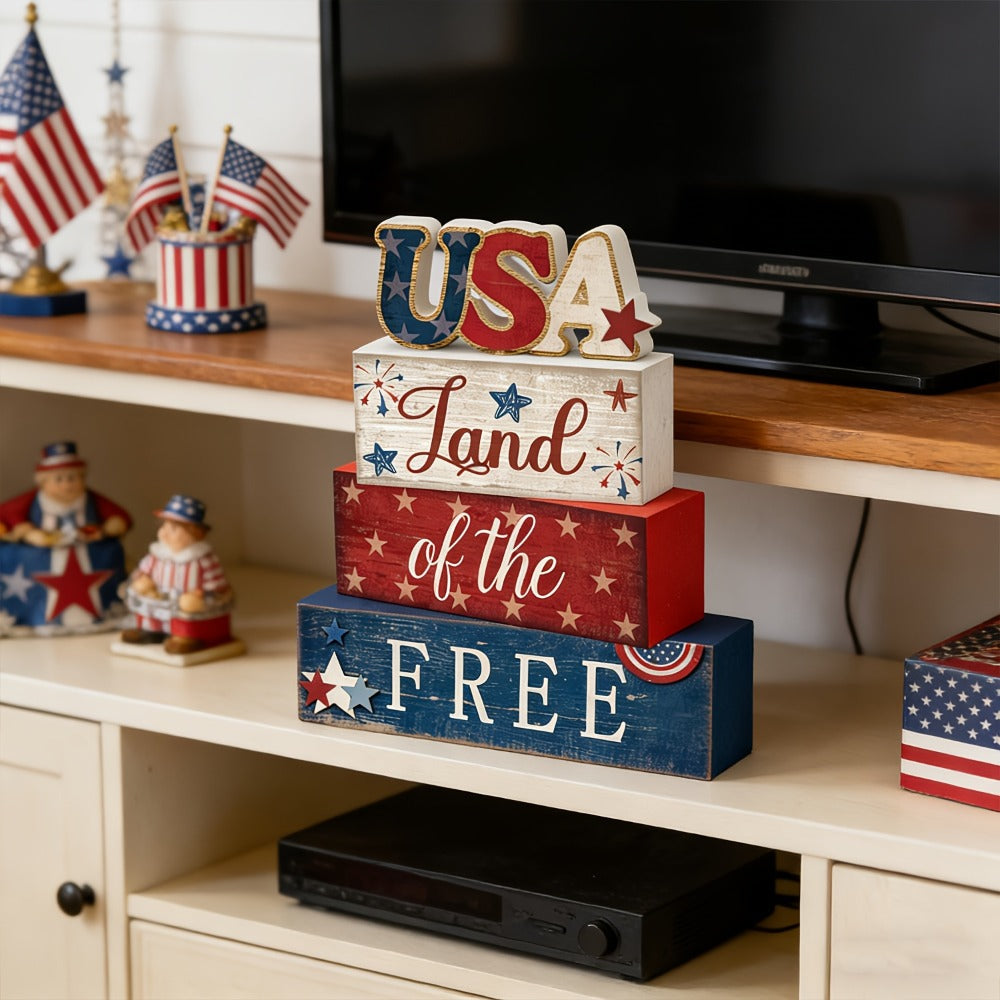 4th of July Tabletop Decorations Sign, Red White Blue Patriotic Tiered Tray Decor for Home Office Shelf, 250th Anniversary Gift