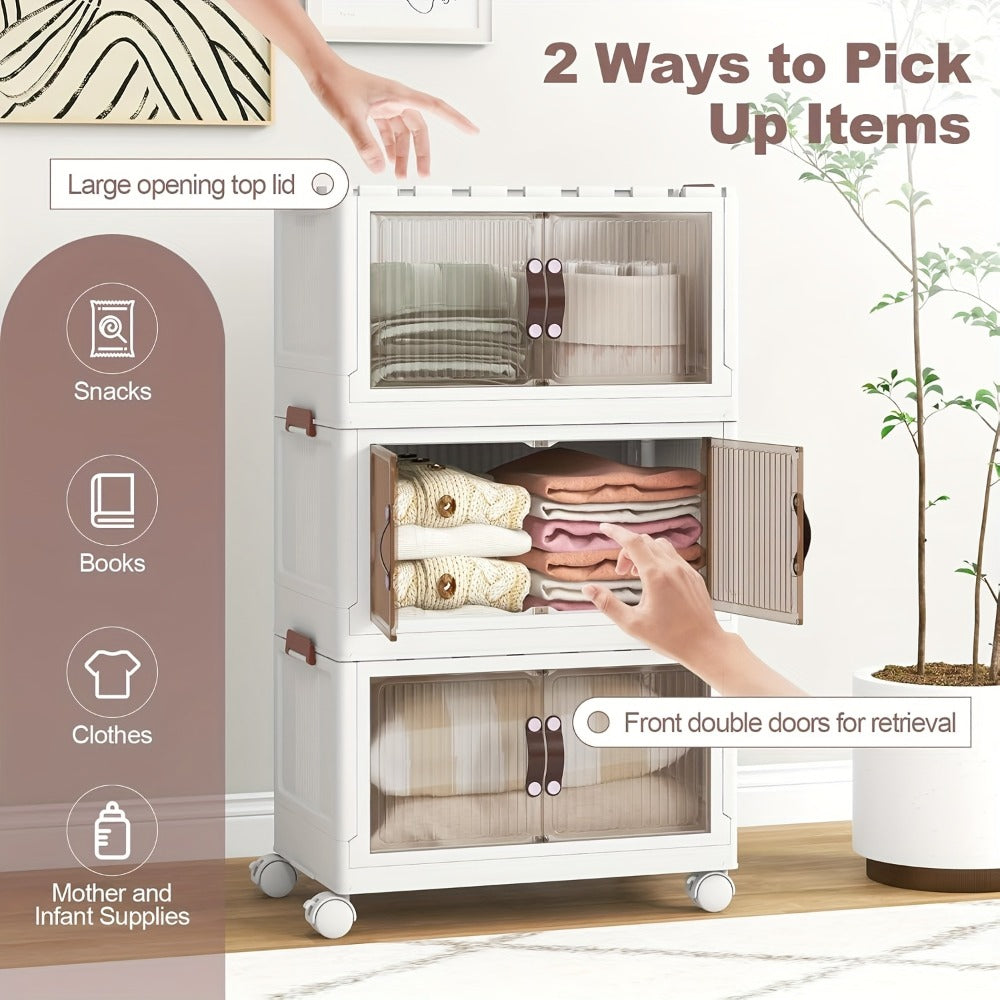 Stackable Storage Bins with Wheels & Drawers | Open Front Foldable Storage Organizer Bins for Home Bedroom Clothes Books Toys Holiday Christmas Gift Storage