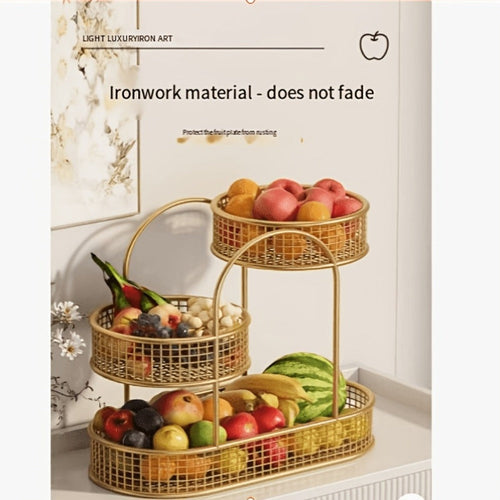3-Tier Metal Fruit Basket Stand Extra Large Heavy Duty Countertop Fruit Bowl with Grid Design, Breathable Ventilated Multi-Level Storage Rack for Fruits Vegetables Bread Kitchen Organization