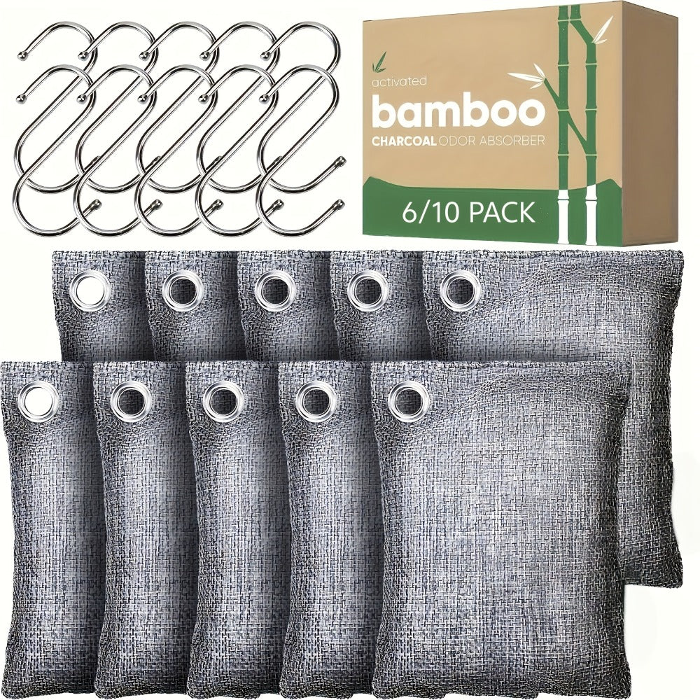 Bamboo Charcoal Air Purifying Bags Odor Absorber Eliminator for Home Car Closet Pet Smoke Room Deodorizer Activated Charcoal Bags Unscented 6 Grids 10 Packs