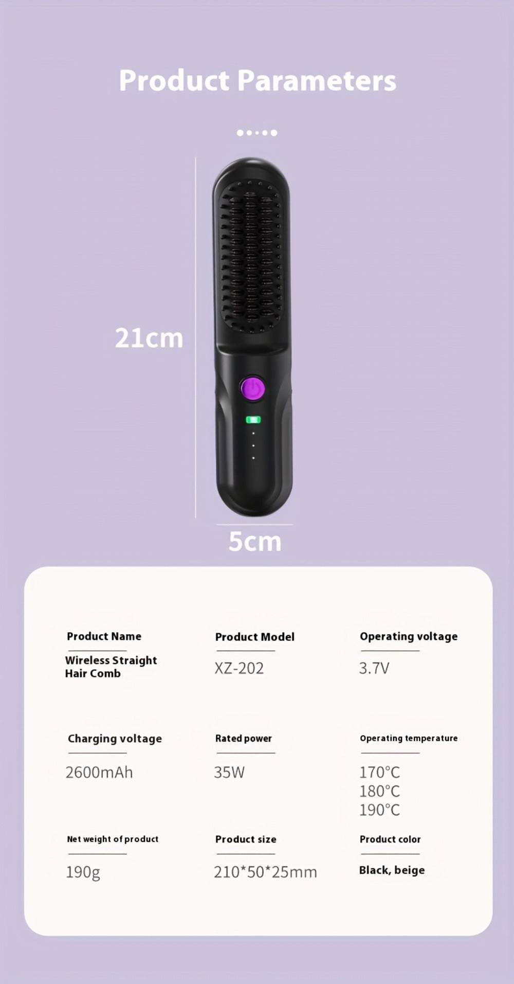 Wireless Hair Straightener Comb - Portable Cordless Straightening Brush with 3-Min Fast Heat, 3 Temp Settings 170-190¡ãC, Negative Ion Technology, 3D Comb Design, Lightweight Travel Hair Straightener