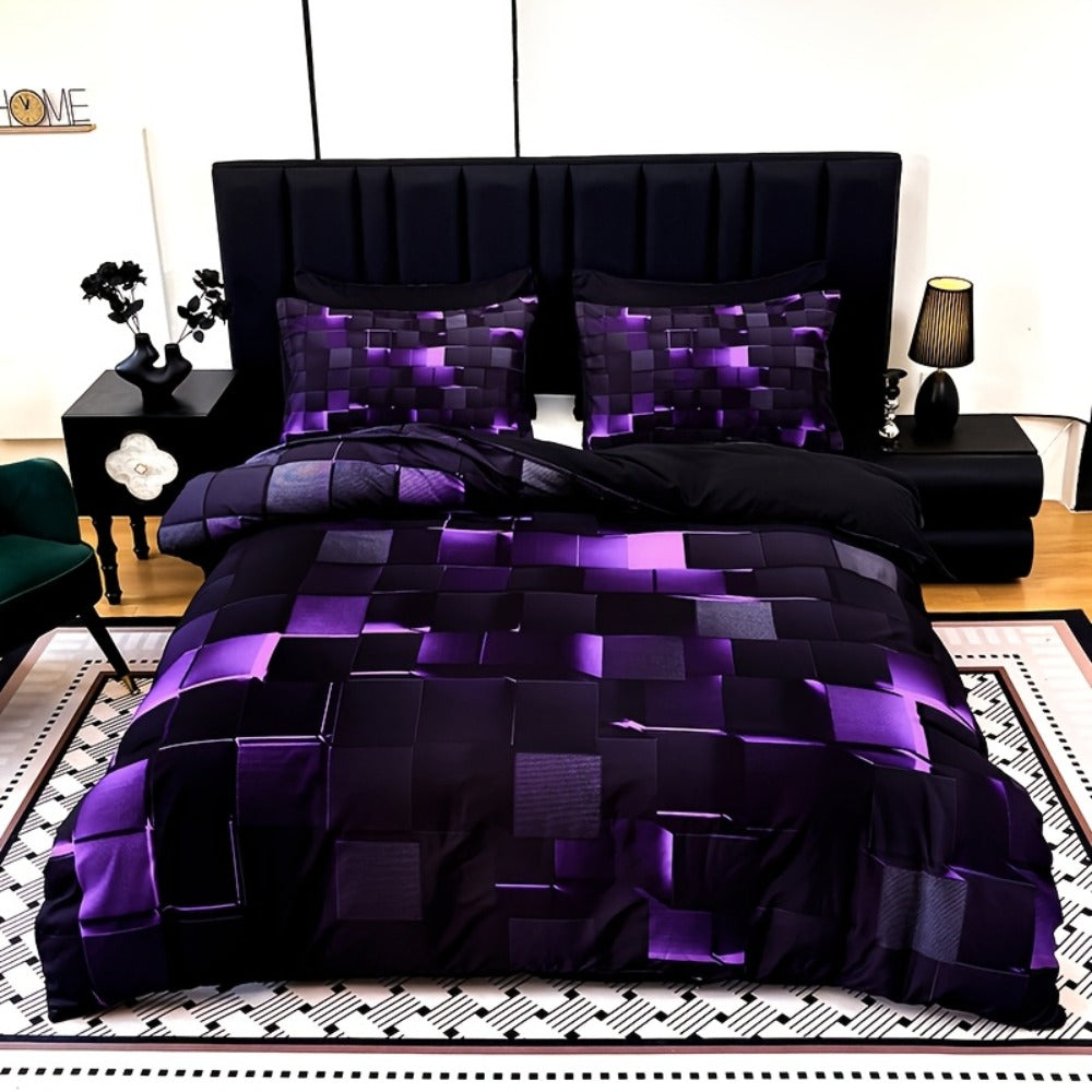 Duvet Cover Set 3 Piece Plaid Digital Print Polyester Bedding All Season Twin Full Queen King Size with Pillowcases Purple Blue Red