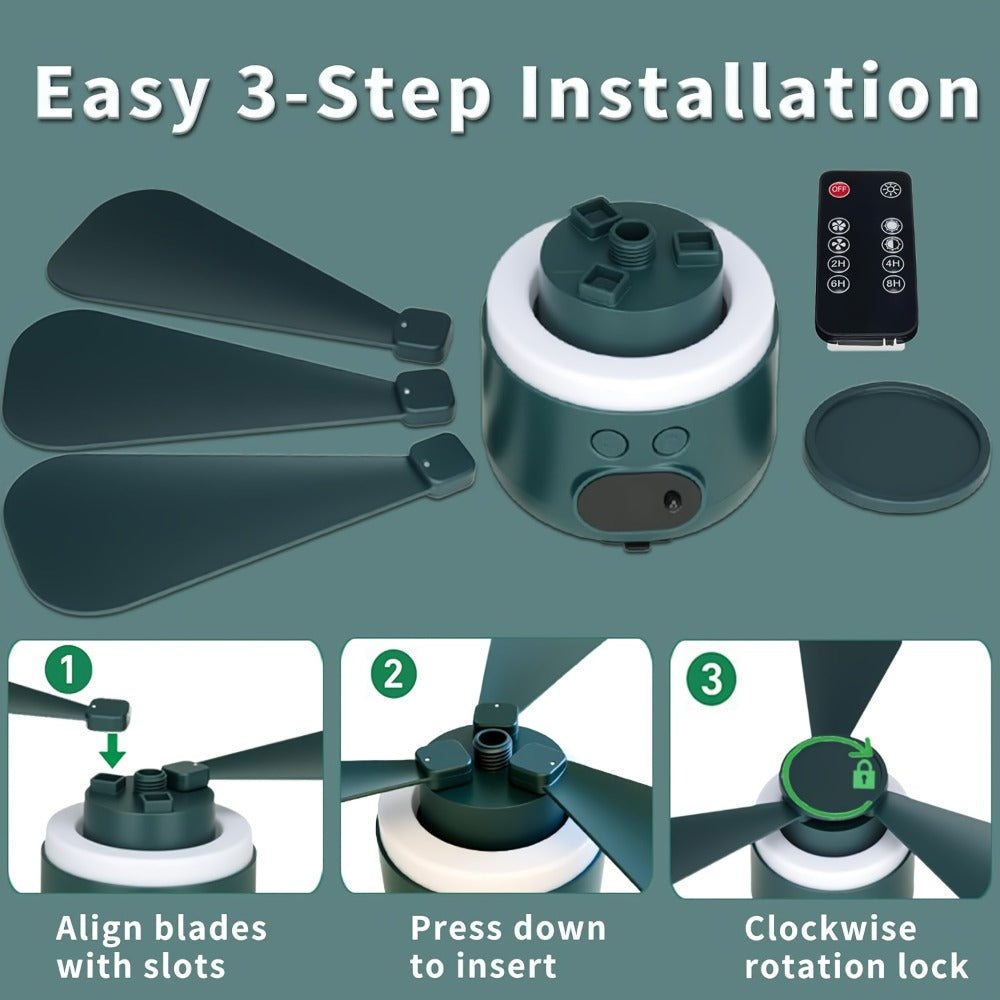 Portable Camping Ceiling Fan 10400mAh USB Rechargeable Remote Control 4-Speed Mute Fan Lamp with Phone Charging for Outdoor Tent Dorm Home White Dark Green