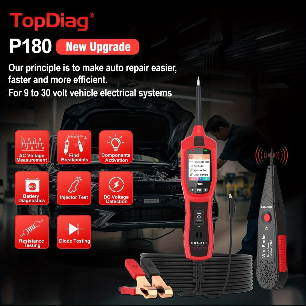 Automotive Circuit Tester P180 Multimeter | Breakpoint Localization Battery Diagnosis AC DC Voltage Fuel Injector Tester 6-30V | Car Electrical System Diagnostic Tool with TFT Color Display