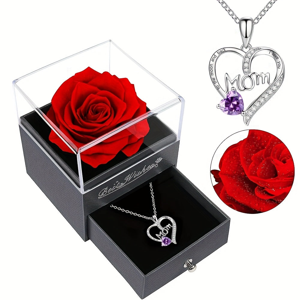 Preserved Real Rose Gift Box with I Love You in 100 Languages Necklace ¨C Romantic Gifts for Girlfriend Wife Mom ¨C Valentine's Day Birthday Mother's Day Christmas Gift Idea for Women