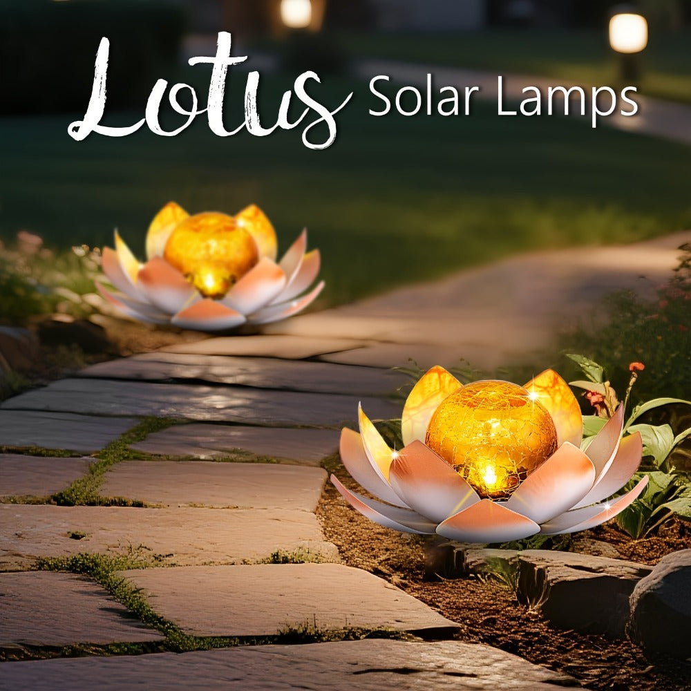 Solar Lotus Garden Lights 2-Pack ¨C Rustic Iron Outdoor Stake Light with Cracked Glass Globe, IPX4 Waterproof Solar Powered Yard Lawn Patio Pool Decor, Warm Glow Landscape Lighting Gift