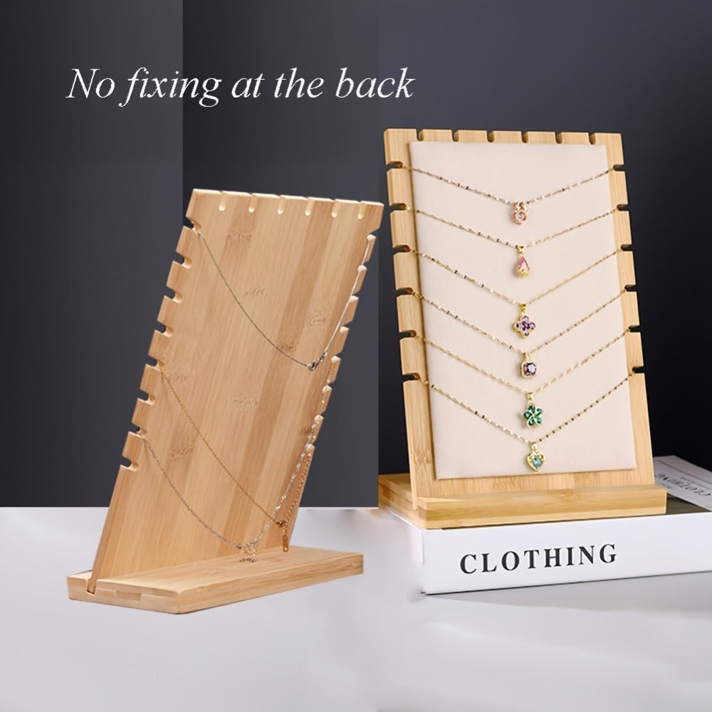 Bamboo Jewelry Necklace Display Stand 2 Pack - Multi-Hook Necklace Holder Tower, Tabletop Showcase Organizer for Retail Store, Beige Rectangle Jewelry Stand No Tools Required