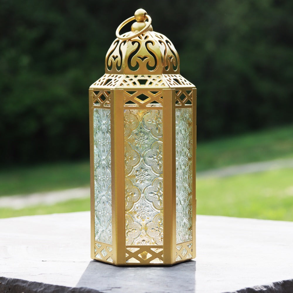 Moroccan Candle Lantern Holder - Decorative Metal & Glass Lantern with Embossed Floral Design for Indoor Home Decor, Garden, Patio, Weddings, Ramadan, Halloween & Holiday Celebrations - 10.5¡± Tall Medium Size