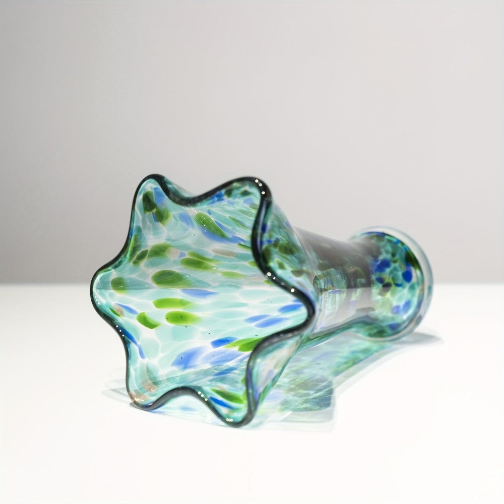 Hand Blown Glass Vase Colorful Wide Mouth, Teal Green Art Glass Flower Vase for Fresh Flowers & Spring Arrangements, Decorative Centerpiece for Bookshelf, Dining Table, Bedroom & Living Room