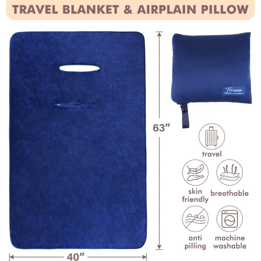 4-in-1 Travel Blanket Airplane - Soft Fleece Poncho Pillow Lumbar Support with Built-in Zipper Bag, Lightweight Packable 40x60in Blanket for Plane Car Office, Holiday Gift