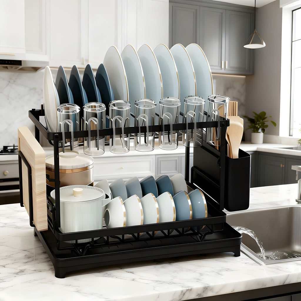 Two-Tier Dish Drying Rack with Drainboard - Metal Kitchen Dish Holder with Drainage for Countertop, Two-Level Dish Drainer for Plates, Cups & Utensils, Single or Double Layer, Black White Gray