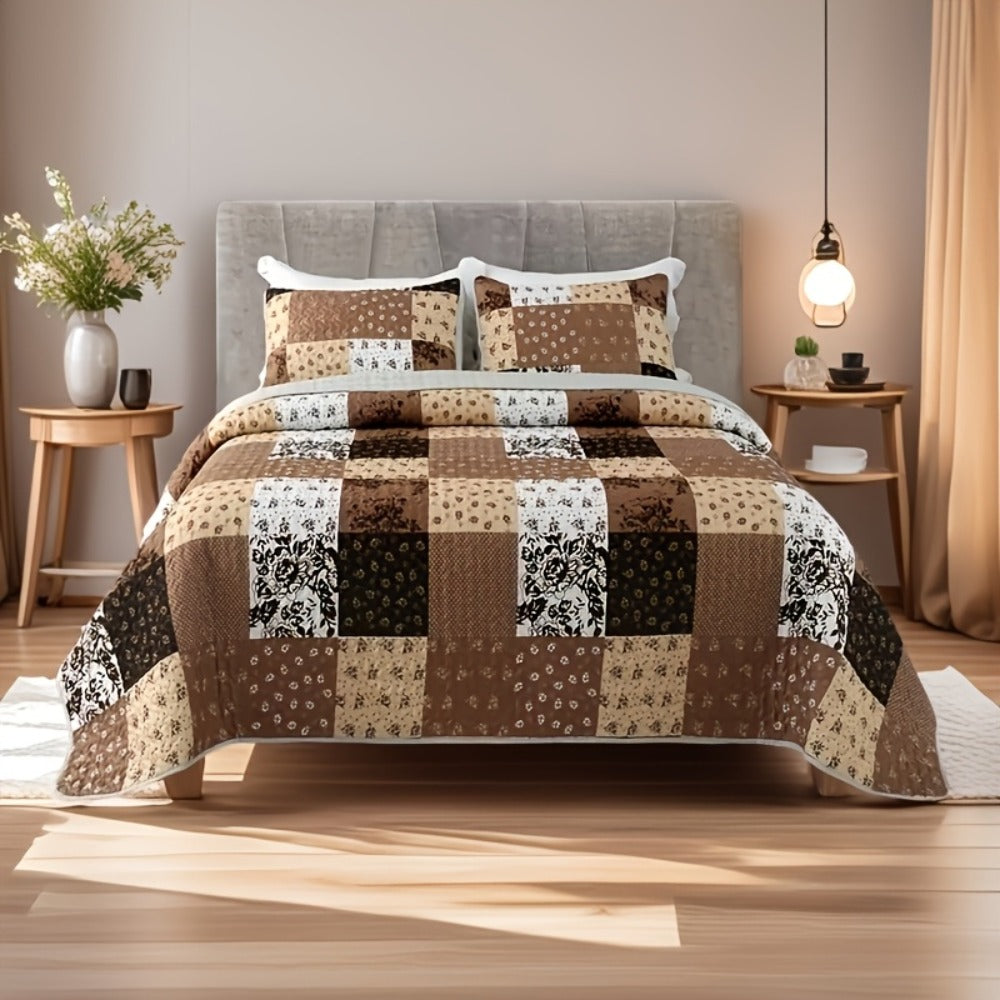 Patchwork Quilted Bedspread Set 3 Piece - 1 Quilt & 2 Pillow Shams Machine Washable All-Season Soft Breathable 100% Polyester Bedding Set for Bedroom Dorm, Twin Full Queen King