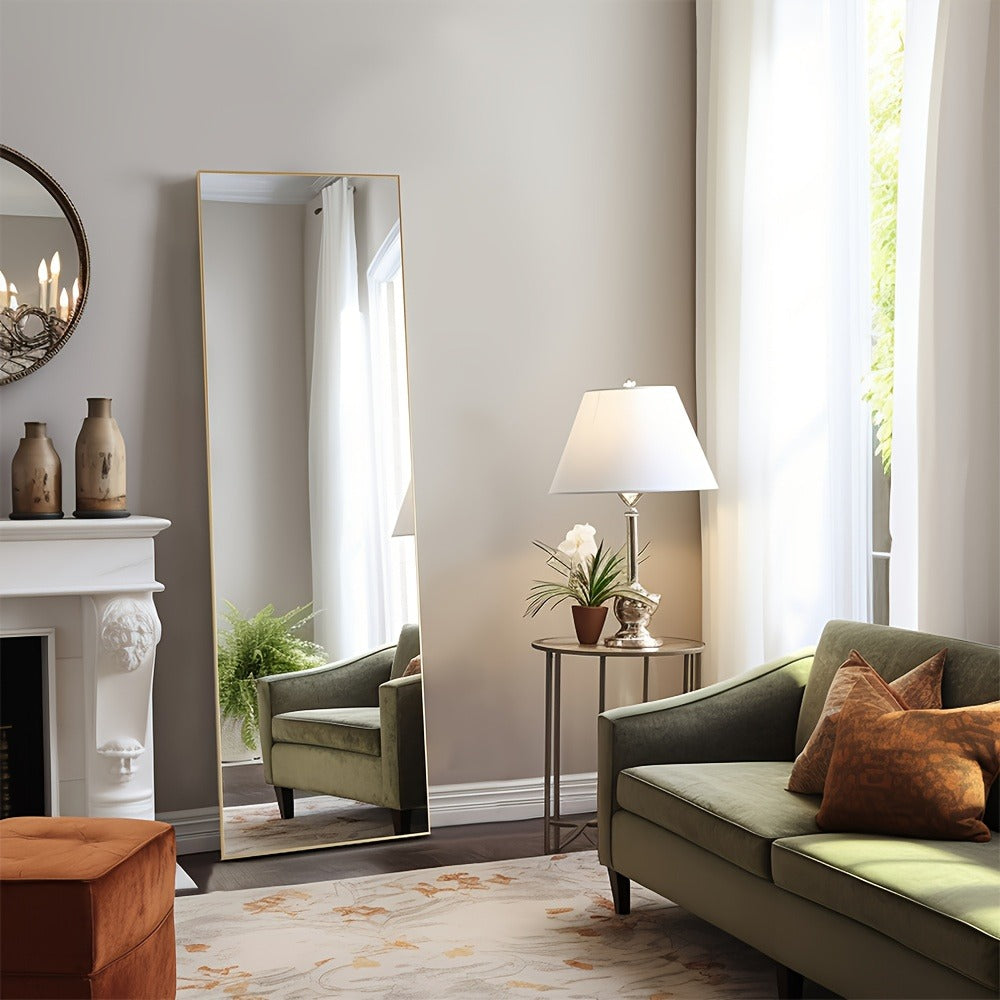Full Length Mirror Floor Standing with LED Light - Arched & Rect Aluminum Frame Dressing Mirror for Bedroom Living Room, Black/Golden/White