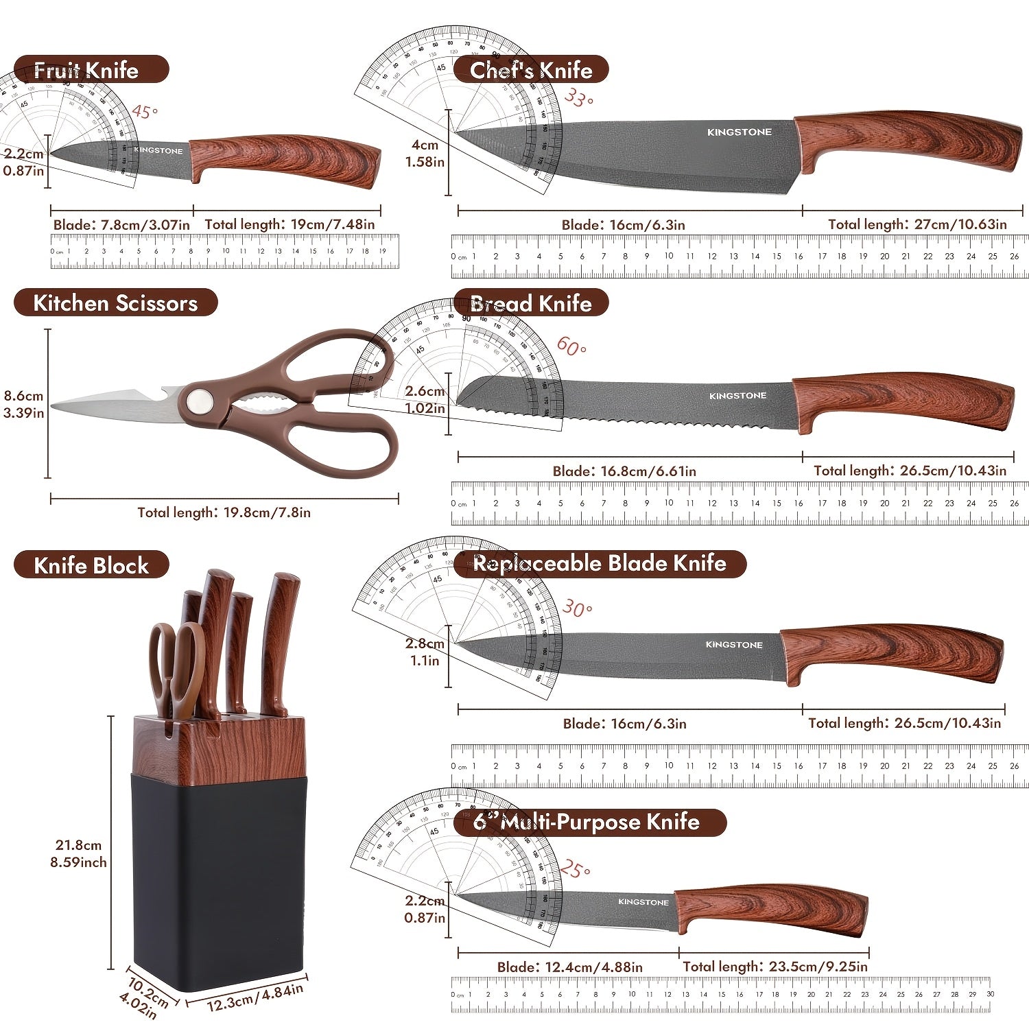 Kitchen Knife Set 7 Pcs with Knife Rack ¨C Stainless Steel Chef Knife, Bread Knife, Replaceable Blade Knife, Multi-Purpose Knife, Fruit Knife & Kitchen Scissors for Home Cooking