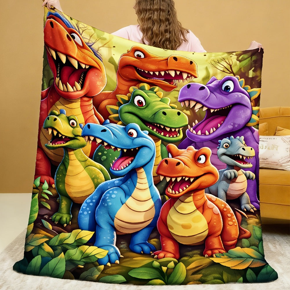 Dinosaur Print Flannel Throw Blanket ¨C 250-300gsm Soft Lightweight Cartoon Dino Blanket for Kids, Couch, Bed & Travel, 5 Sizes