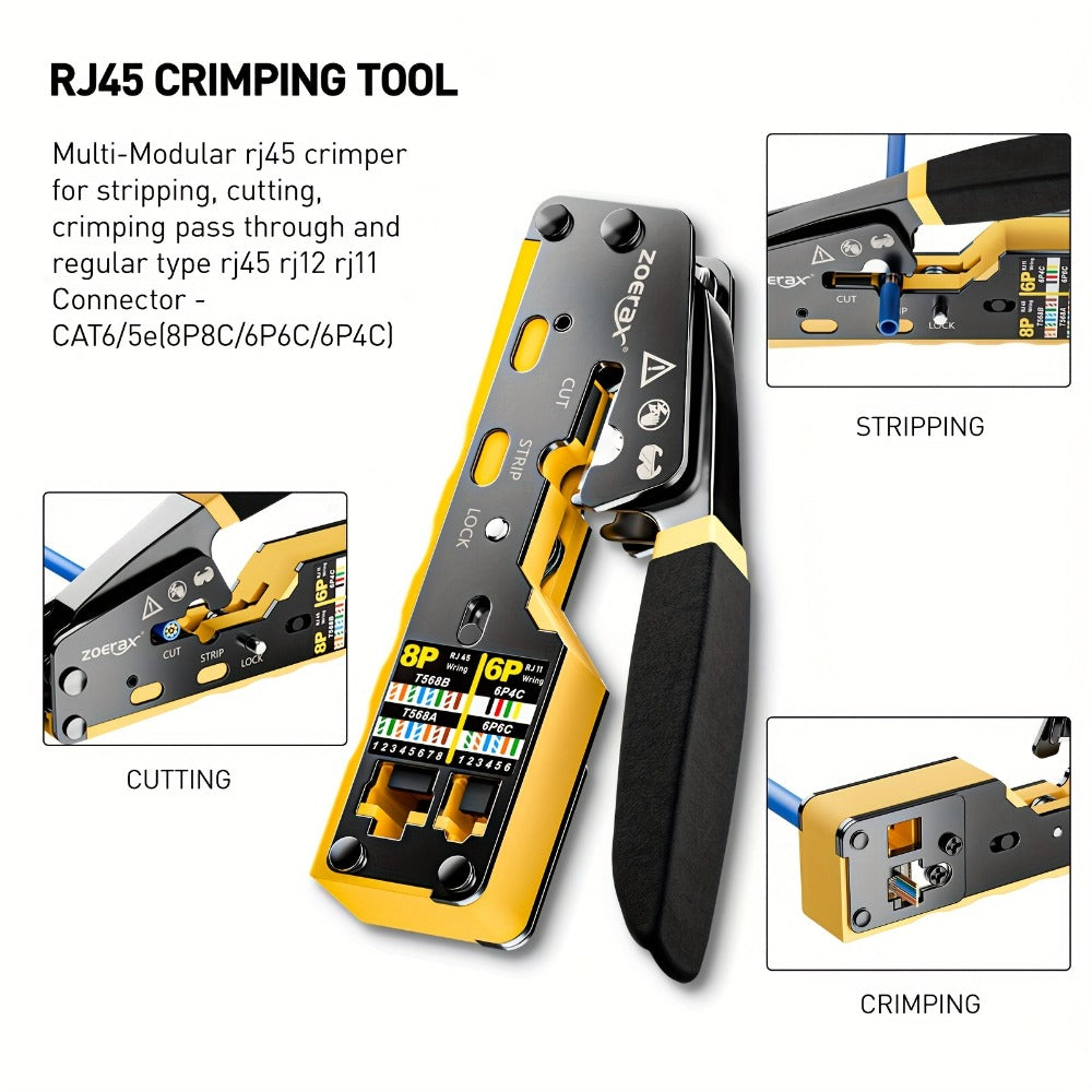 RJ45 Crimping Tool Kit Ethernet - CAT5/CAT5e/CAT6 Pass Through Crimper with Cable Tester, Wire Stripper, Pliers, Spare Blades, 50pcs CAT6 Connectors & Strain Relief Boots, Network Cable Kit