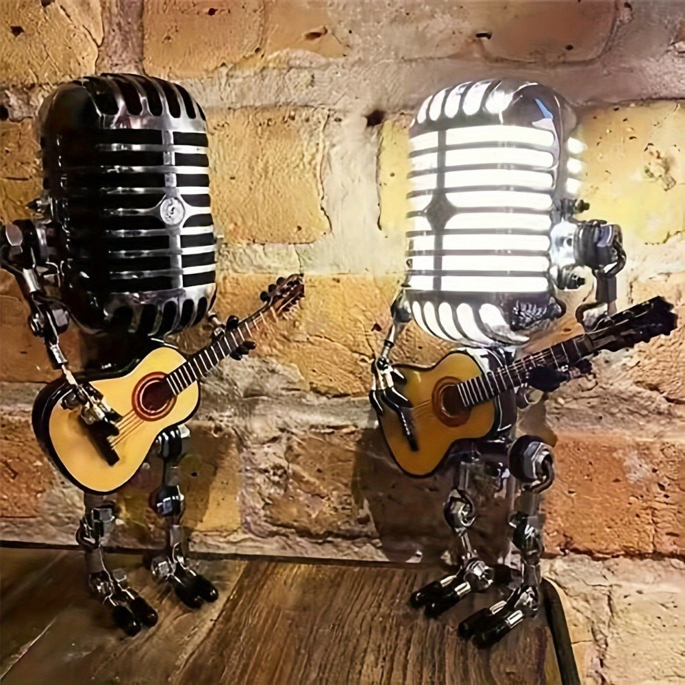Vintage Microphone Robot Guitar Lamp USB Powered ¨C Retro Decorative Night Light for Music Lovers, Guitar Players, Home, Bar & Office Desk Decor (Red / Yellow)