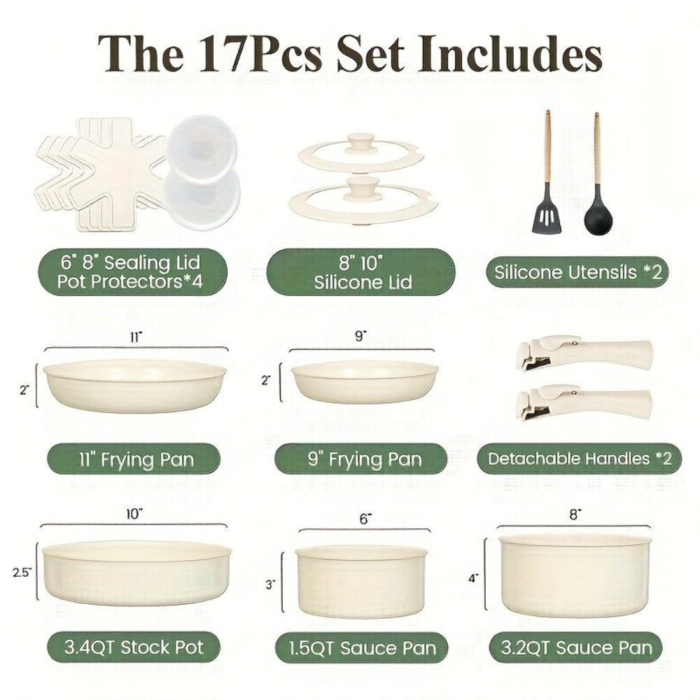 Ceramic Nonstick Cookware Set 17 Piece Pots and Pans with Removable Handles - PFOA Free Stackable Induction Ready Oven Dishwasher Safe RV Kitchen Set Frying Pans Sauce Pans Beige