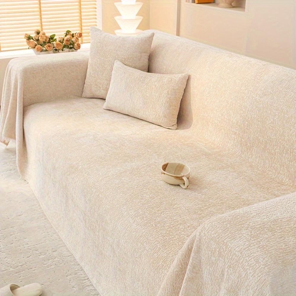 Chenille Sofa Cover with Fringe 300GSM - Super Soft Pet Friendly Solid Couch Slipcover for Single 2 4 Seater Living Room Decoration, 4 Colors