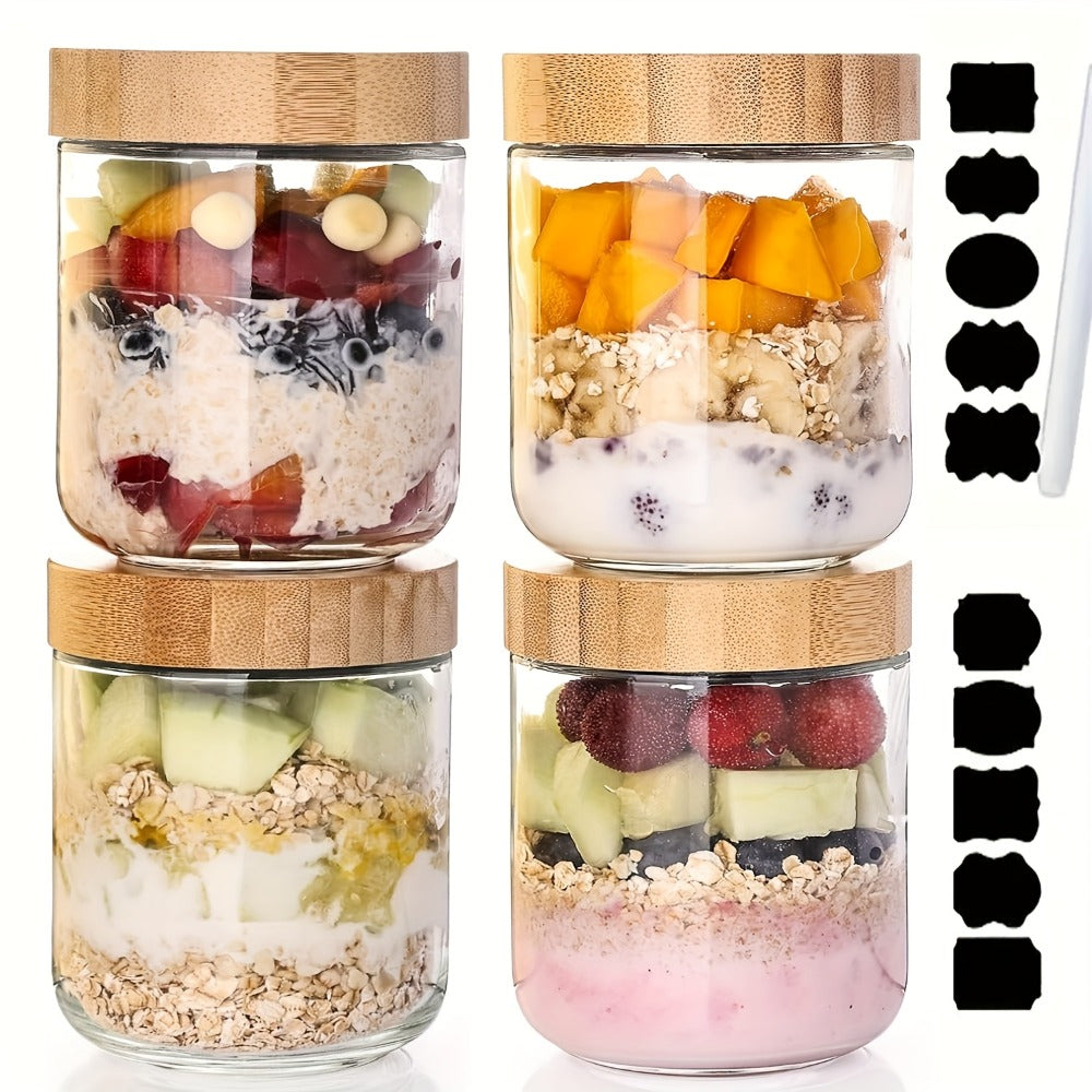 Glass Jars with Bamboo Lids - Airtight Wide Mouth Mason Jars for Overnight Oats Yogurt Chia Seeds Snacks and Meal Prep, Clear Glass Food Storage Containers for Salad Spice and Sugar, Available in 4 Pack 16oz or 6 Pack with Spoons
