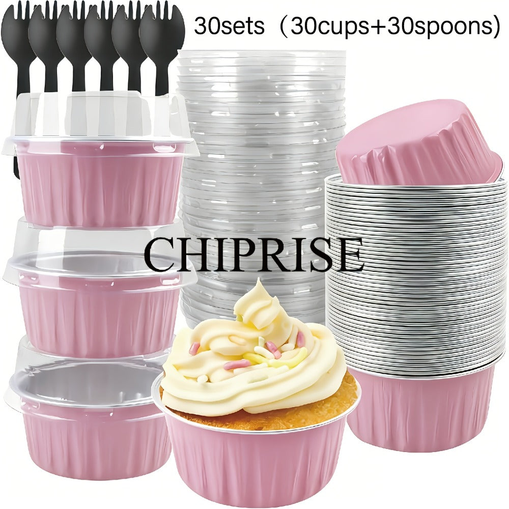 Aluminum Foil Baking Cups with Lids, Disposable Cupcake Molds with Spoons, Oven Safe Foil Dessert Cups for Pudding Muffins Mousse, Party Baking Supplies for Weddings Birthdays, 30 or 50 Sets