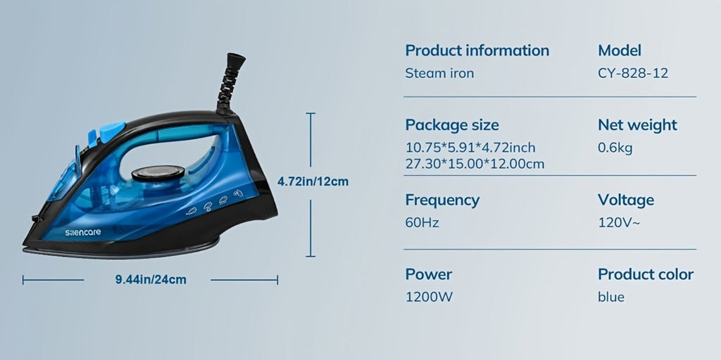 Steam Iron Non-Stick Bottom Plate High Pressure Anti-Calc Safety Protection Adjustable Temperature Steam Settings Dry Wet Clothes Fast Heating Travel Essential Blue