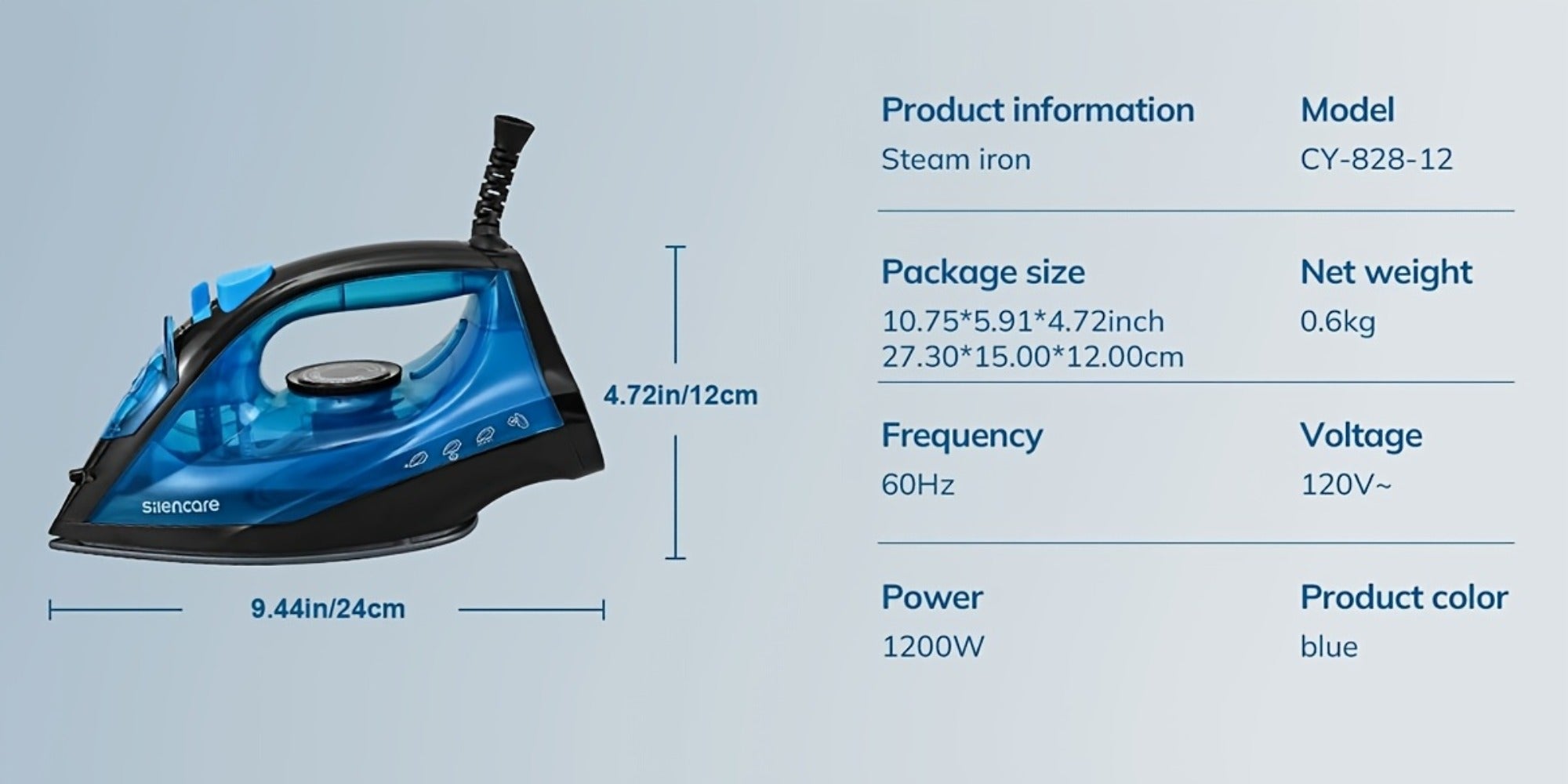 Steam Iron Non-Stick Bottom Plate High Pressure Anti-Calc Safety Protection Adjustable Temperature Steam Settings Dry Wet Clothes Fast Heating Travel Essential Blue