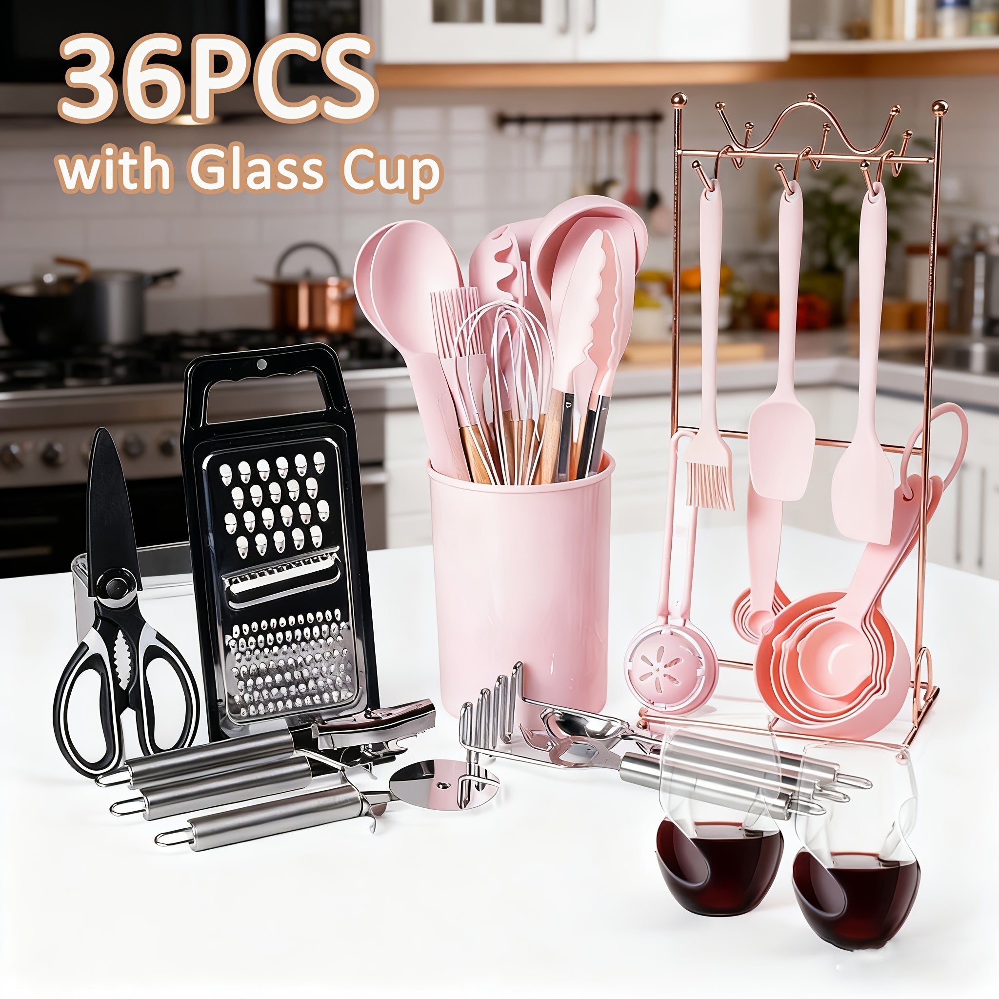 Silicone Cooking Utensils Set 35-Piece with Holder Rack Wooden Handle Heat Resistant Kitchen Tools for Non-Stick Pans ¨C Complete Kitchen Utensil Set in Multiple Colors