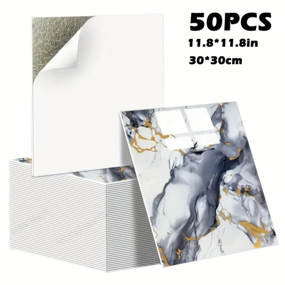 Peel and Stick Wall Tiles 50/100pcs - Waterproof PVC Marble Self-Adhesive Vinyl Panels for Bathroom Shower Kitchen Living Room TV Backdrop, Modern Wall Decor Easy Installation No Grout Required