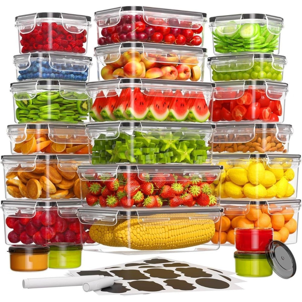 Food Storage Containers with Flip Top Lids - Leak Proof Microwave and Dishwasher Safe Plastic Lunch Boxes for Pantry Travel and Outdoor Use, Large Capacity Sets of 28, 44 or 54 Pieces with Labels and Marker Included