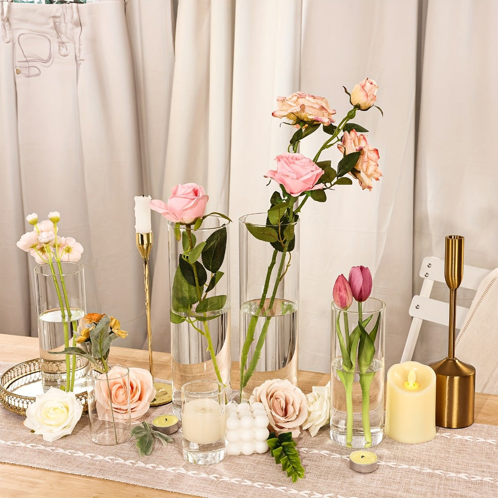 Clear Glass Cylinder Vases 24pcs Bulk Set - 4, 8, 12 Inch Tall Flower Vases for Centerpieces, Hurricane Floating Candle Holder for Wedding Party Table Home Decor, Valentine's Day Gift