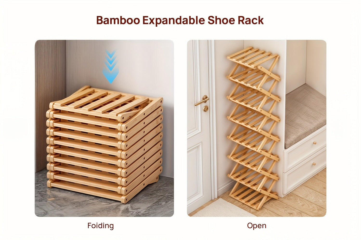 Bamboo Shoe Rack Foldable Multi-Tier ¨C Space-Saving Shoe Storage Shelf, Easy Assembly Standalone Organizer for Entryway, Hallway, Bedroom, Bathroom & Office ¨C 6 or 8 Tier Options