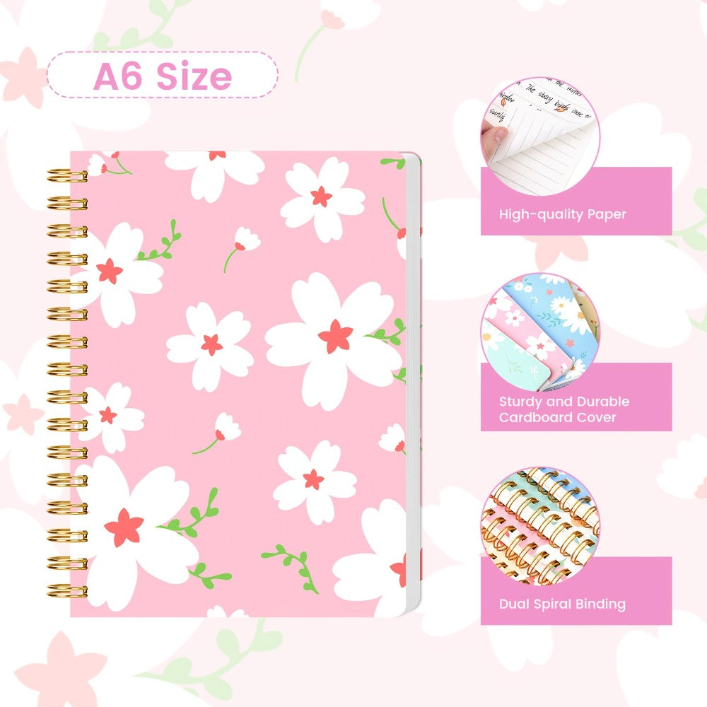 A6 Spiral Notebooks 8 Pack - Floral Design College Ruled Journals with Tear-Off Pages | Portable Memo Pads for Students & Office | Gift Set