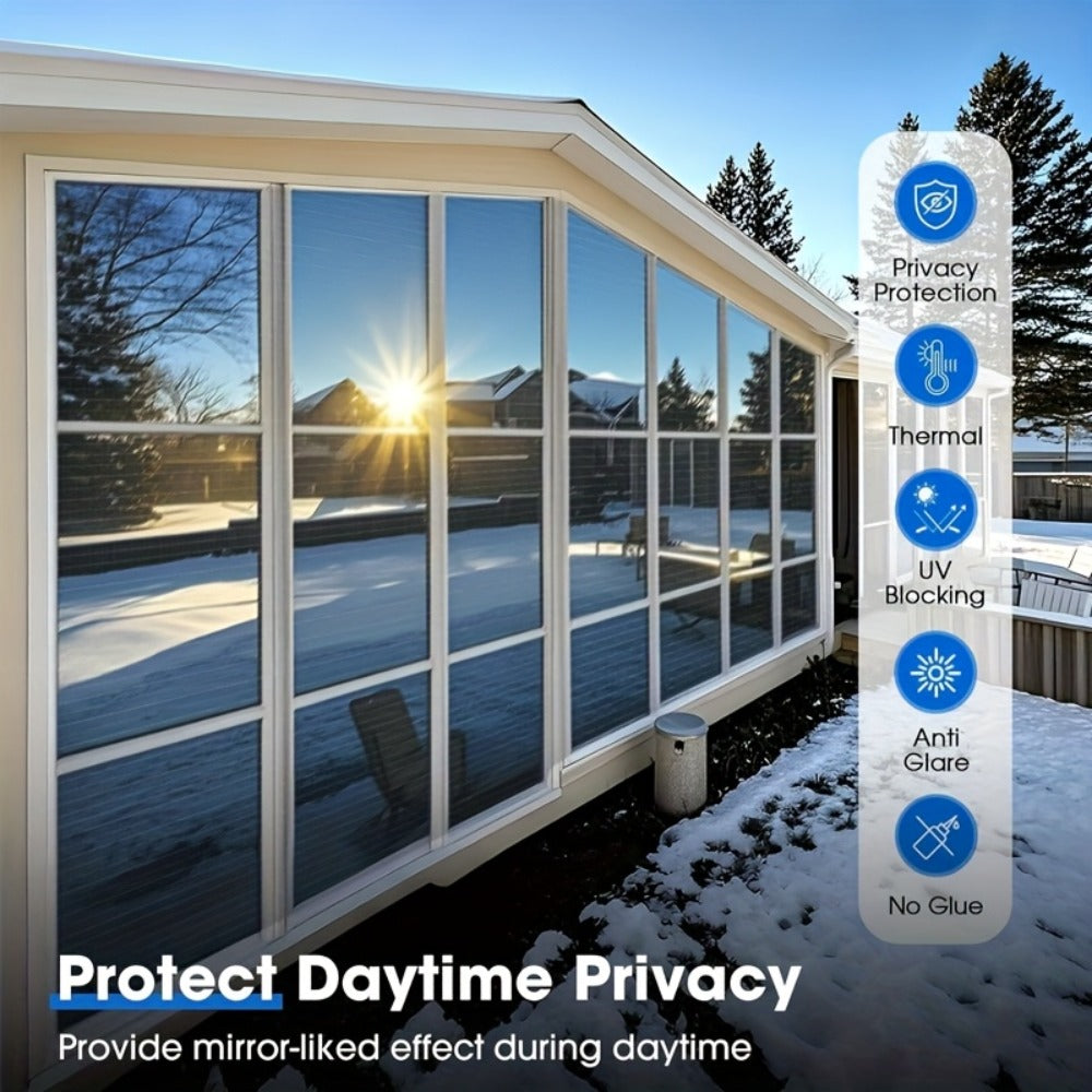 One Way Window Privacy Film Static Cling No Glue UV Blocking Heat Control Reflective Mirror Film for Home Office Bathroom, 12 Mil, Black Blue Gray Silver