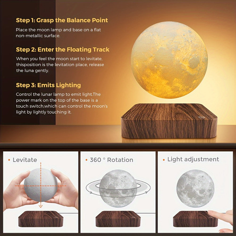 Levitating Moon Lamp Magnetic Floating Spinning Luna Night Light 3 Color Modes LED Moon Light for Home Office Desk Decor Bedroom Cool Tech Gadget Gift Idea