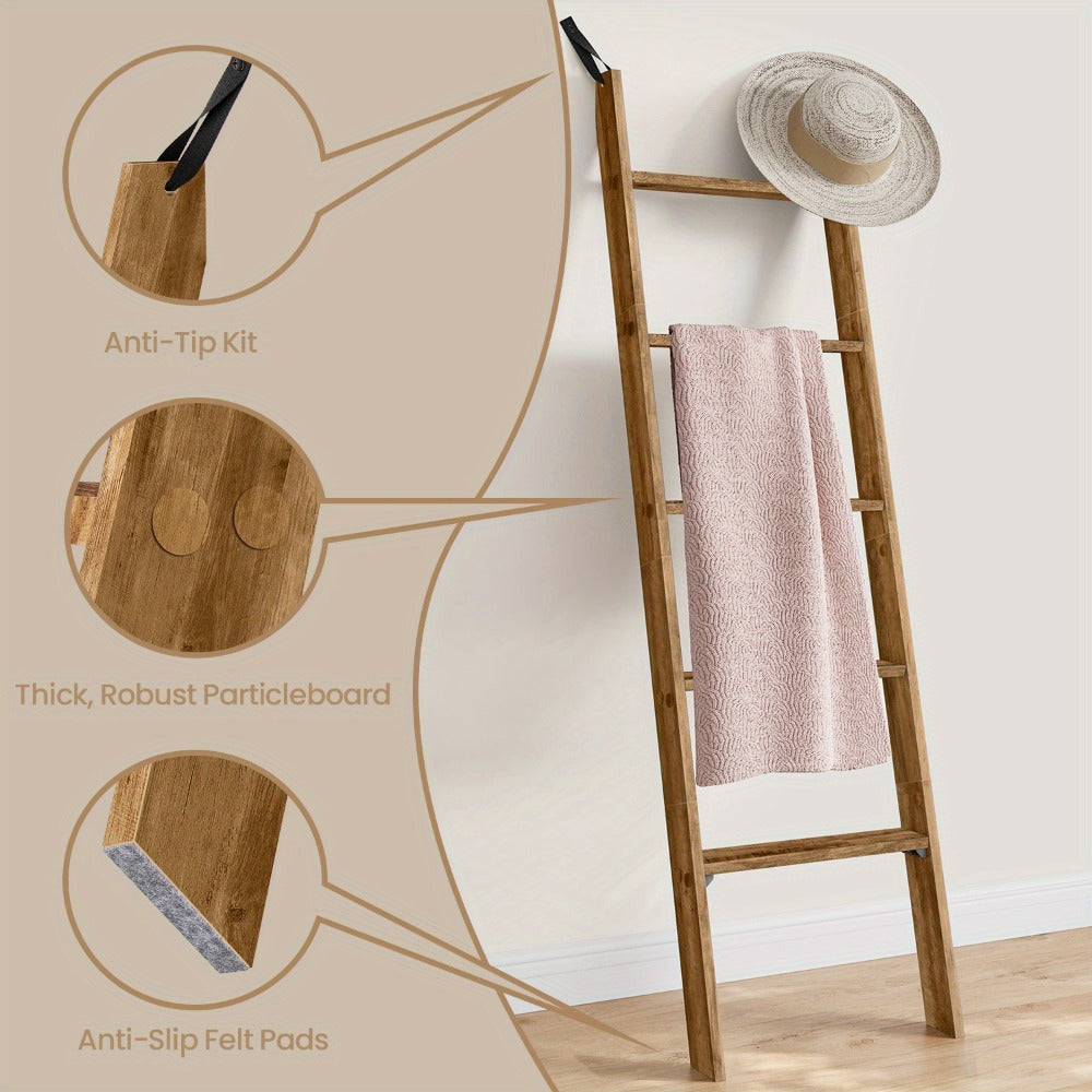 Blanket Ladder Shelf 5-Tier Freestanding Wood Ladder Rack for Blankets Towels Books Decor, Modern Farmhouse Ladder Shelf Wall Leaning Storage Organizer for Living Room Bedroom, 4 Colors