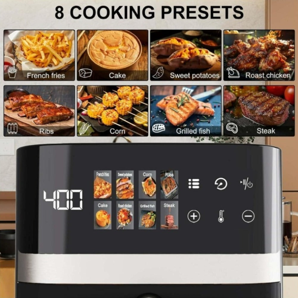 Air Fryer 8-in-1 with LED Touchscreen, 6QT Large Capacity Electric Hot Air Oven, 1350W 360¡ã Hot Air Circulation, Non-Stick Fry Basket, Heat-Insulated Handles, 8 Cooking Presets for Home Kitchen